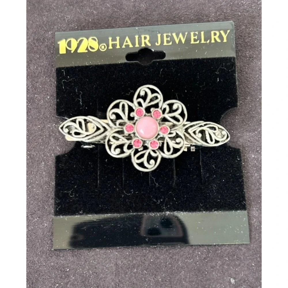 1928 Hair Jewelry Barrette Filigree Floral Silver Pink Rhinestone Cabochon NEW